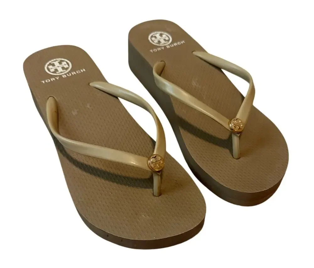 Tory Burch Tan Mini Wedge Platform Flip Flop Sandals Gold Logo Size 8
